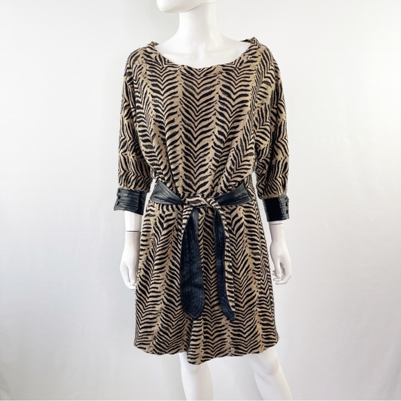 Sea New York Dresses & Skirts - Sea New York Dress Brown Tiger Stripes 3/4 with Leather Trim and Belt Size 10